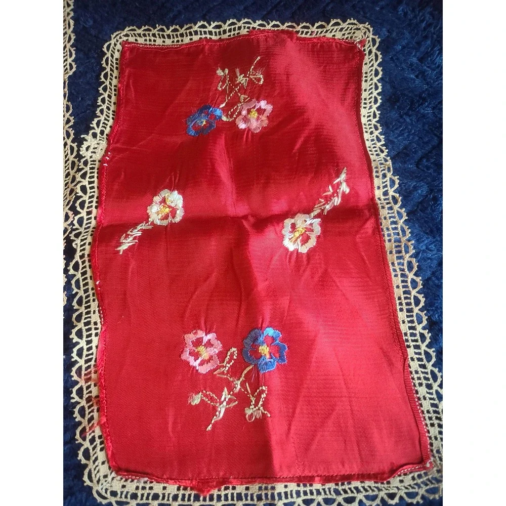 Vintage Terceira Azores Embroidered Red Silk Linens Set 3pc Floral Crochet Lace
